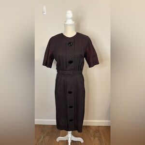 Vintage Henry Lee 40s/50s Checkered Buttoned Dress Belted Black Burgundy Sz S/M